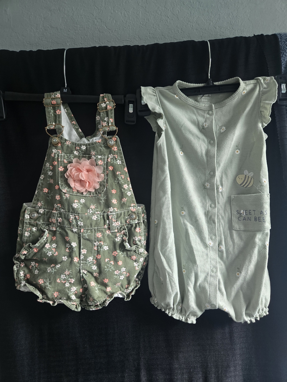 2 Pc Olive Floral Overalls and Carter's Mint Romper Set Soze 24m